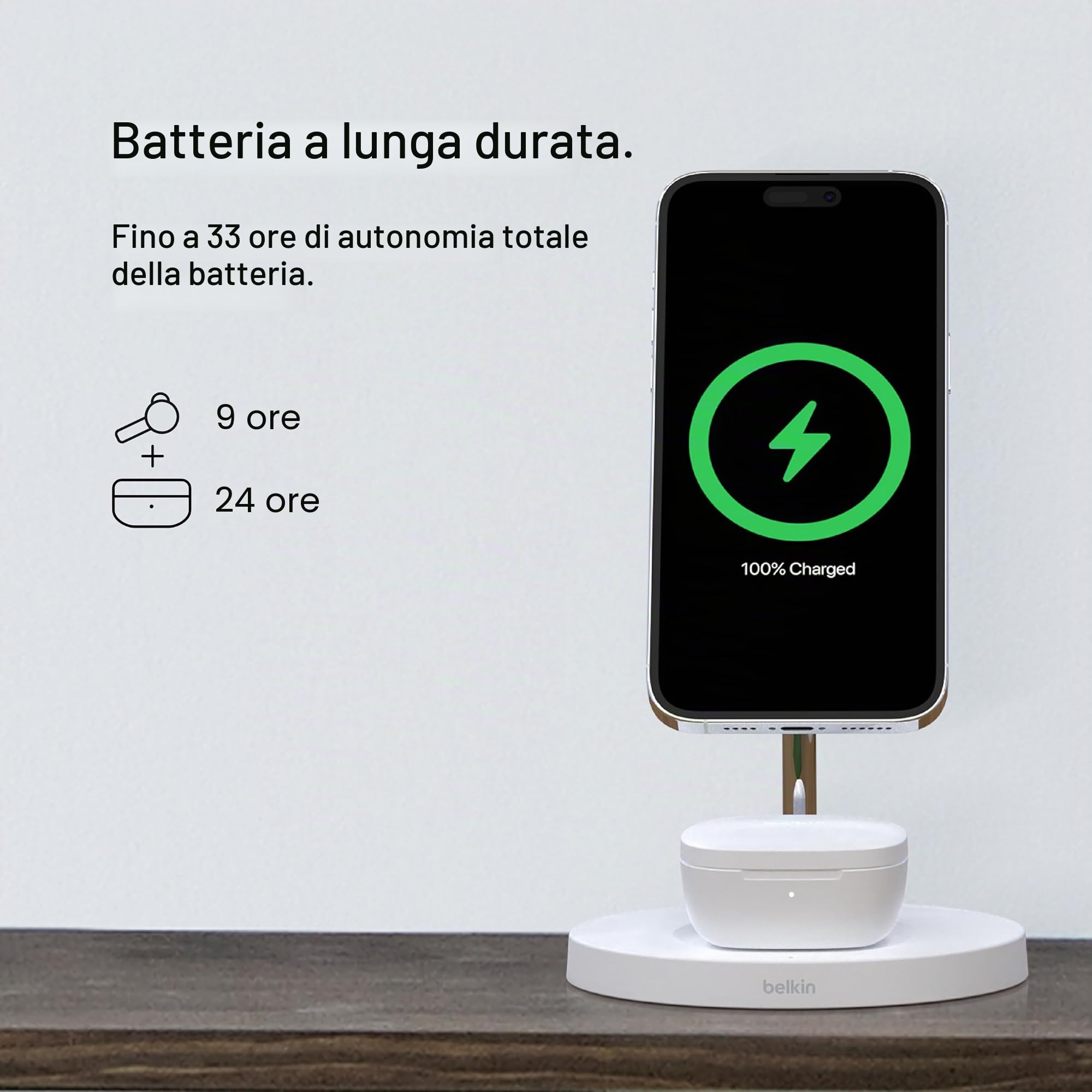 Belkin SoundForm™ Motion Auricolari true wireless con cancellazione del rumore, custodia di ricarica wireless, 2 microfoni per auricolare; cuffie Bluetooth di grado IPX5 per iPhone e Samsung - Bianco