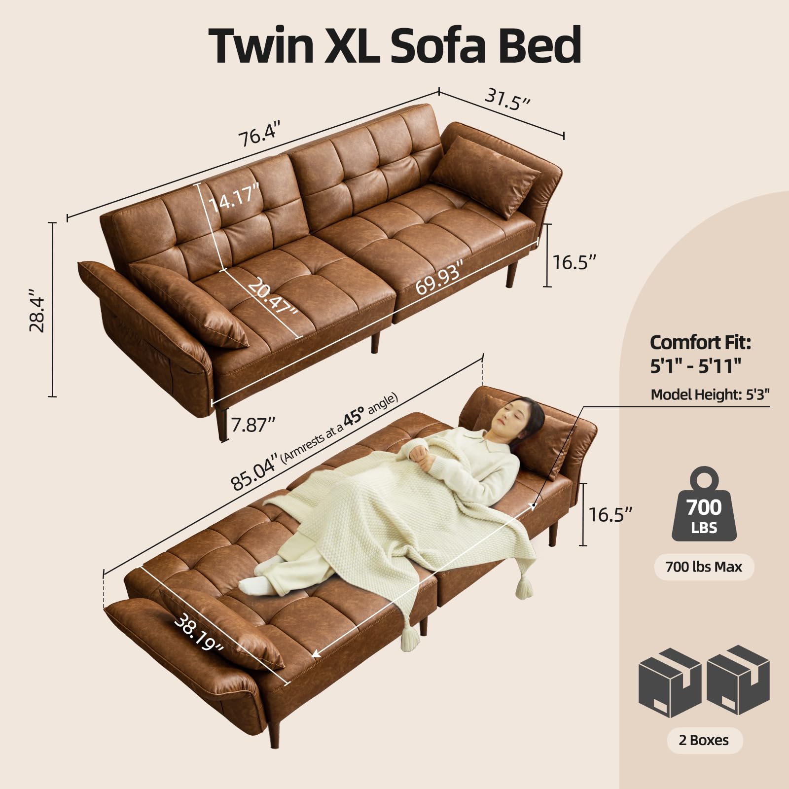 HALLYBEE 85" Futon Faux Leather Couch with Adjustable Armrests Brown | Futon Sofa Bed, Sleeper Sofa, Small Couch with Pillows, Side Pockets, Mid Century Modern, Living Room, Bedroom, Apartment