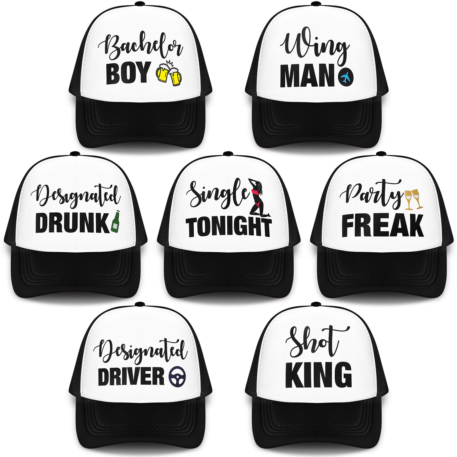 JaGely 7 Pcs Funny Bachelor Party Trucker Hats Groom Hat Groomsman Cap for Bachelor Party Decoration Favor Accessories