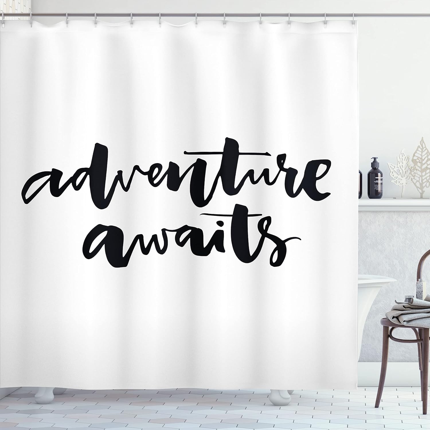 Ambesonne Adventure Shower Curtain, Inspirational Words About Life and Travel Adventure Never Stops Journey Theme, Cloth Fabric Bathroom Decor Set with Hooks, 69" W x 75" L, White Charcoal Grey