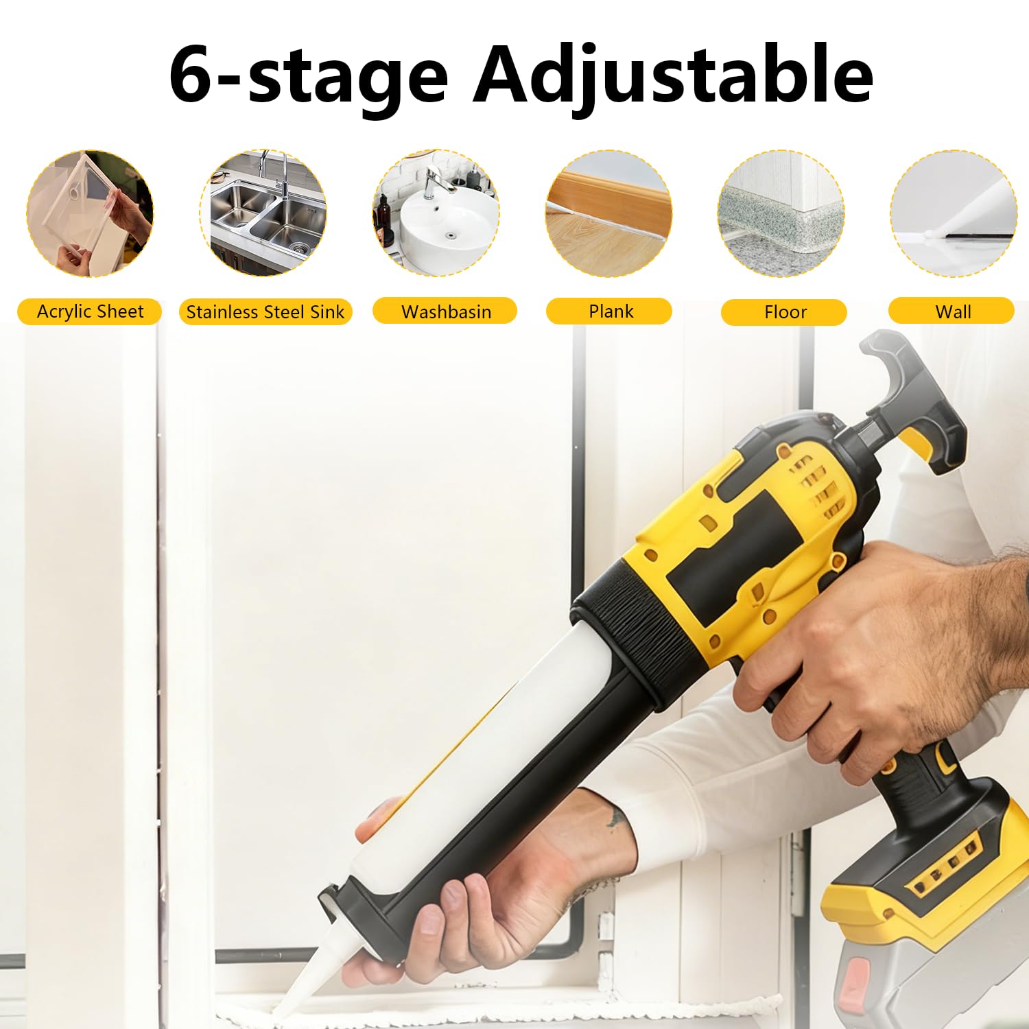 Pistola de calafateo inalámbrica compatible con batería Dewalt de 21 V, pistola selladora de silicona con luz LED y 6 velocidades ajustables, pistola de calafateo eléctrica antigoteo para llenado y