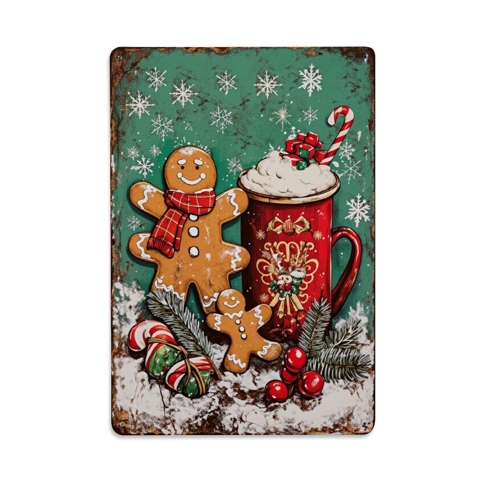Enderetf Vintage Gingerbread Man Hot Chocolate Snowflake Pine Branch Tin Sign Metal Poster, Home Bar Garage Man Cave Cafe Indoor & Outdoor Wall Decoration 8X12inches