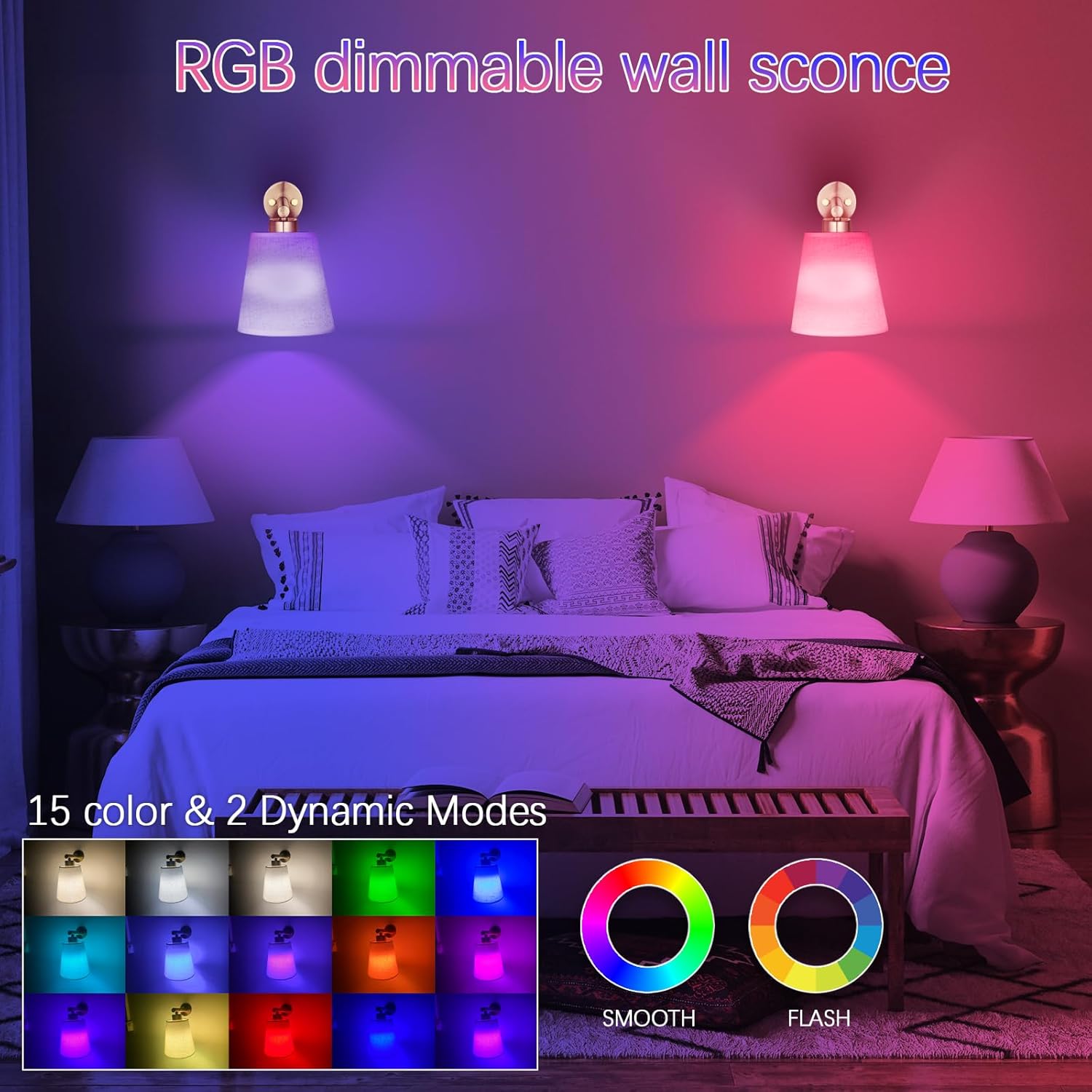 Battery Operated Wall Sconce Set of 2,Gold Rechargeable Wall Lights with Lampshade Dimmable RGB Bulbs and Remote,15 Colors Wireless Wall Lamps for Bedroom Living Room (Gold)