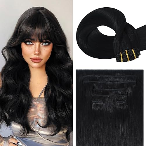 Clip in Hair Extensions Real Human Hair 75g #1 Jet Black Human Hair Extensions 15 Inches 7pcs Natural Straight Silky Black Hair Clip Ins for Black Women 75g #1