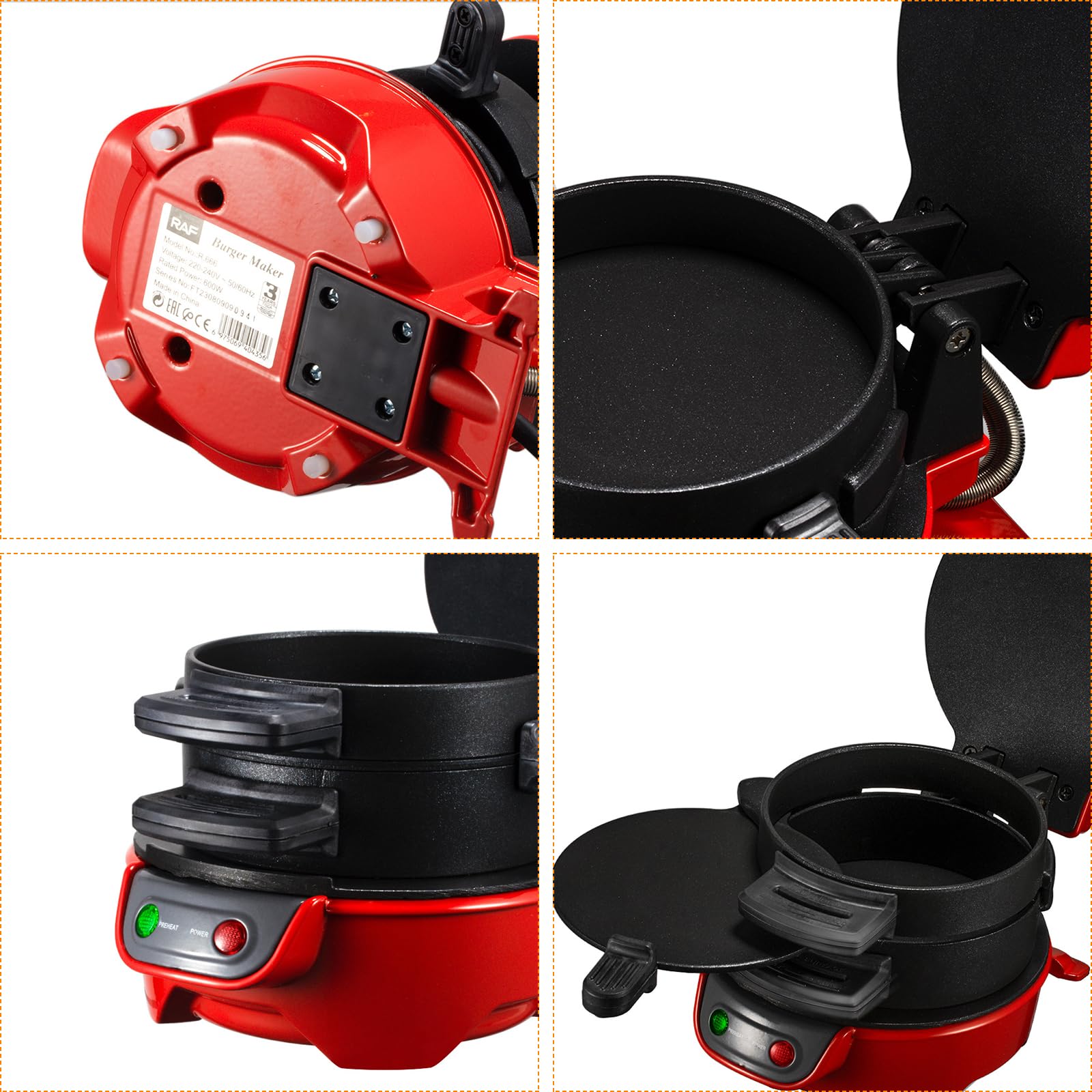 Sandwich Toaster Burger Maker, Effiziente Antihaft Heizplatten, mit Eierringe und Zeitschaltuhr, Spülmaschinenfest, Perfekt Für Hamburger, Waffeln Snacks Und Ein Schnelles DIY (Red)