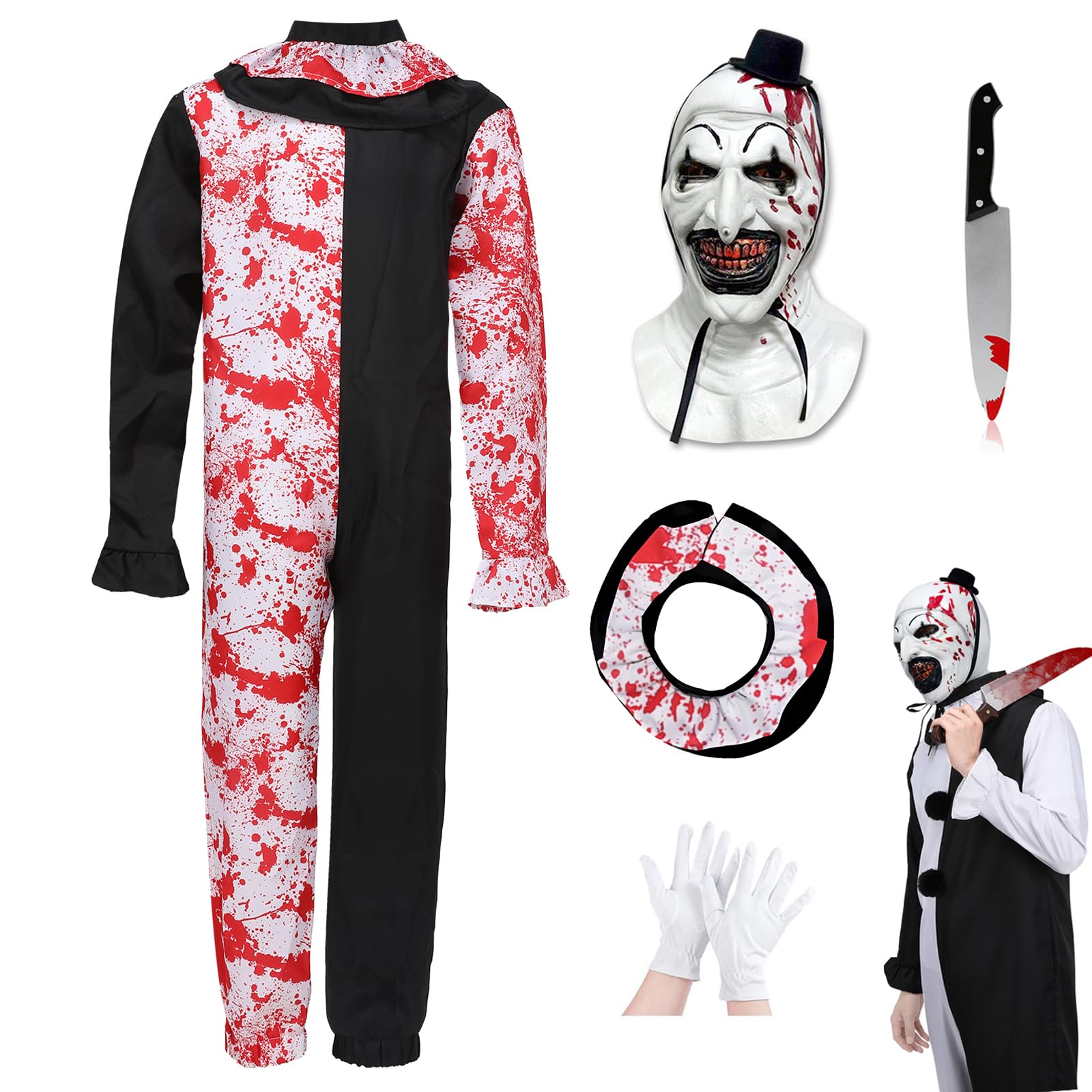 Makoike Art the Clown Costume Adult Terrifier Costume with Scary Clown Mask Horror Killer Jumpsuit Halloween Outfit Props — image 1