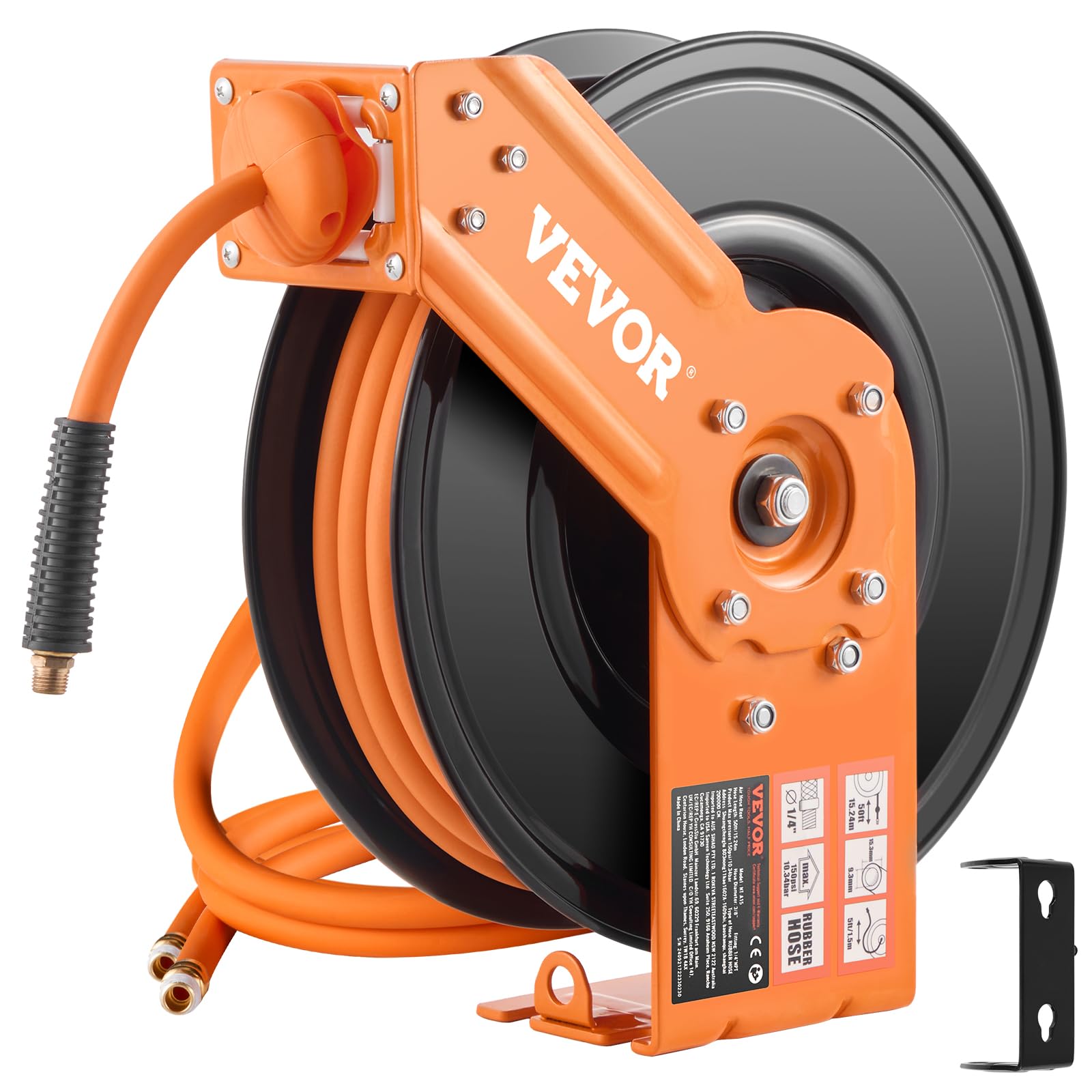 VEVOR Retractable Air Hose Reel, 3/8IN x 50FT Rubber Air Hose Max 300PSI, Air Compressor Hose Reel Auto-Rewind with 5FT Lead in, Ceiling/Wall Mount Heavy Duty Single Arm Reel & 180° Swivel Bracket ( Similar to one in stock)