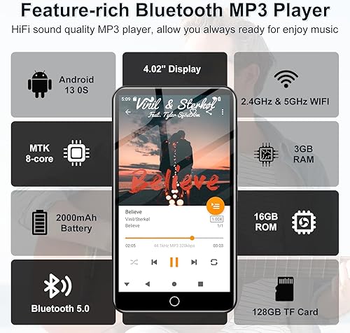 Miniatura 4 de Reproductor MP3 de 144 GB con Bluetooth y WiFi, Android 13 OS MP3 y MP4 reproductores con pantalla táctil de 4 pulgadas y altavoz, reproductores de