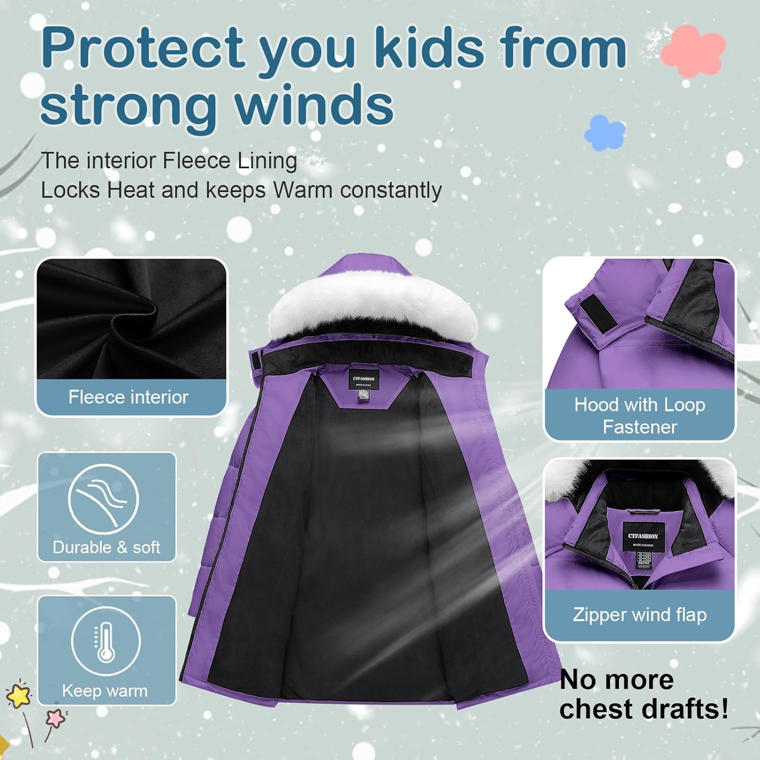 Girl's Winter Coat Kids Long Puffer Jacket Waterproof Snow Parka Warm Puffy Dress Coat with Removable Fur Hood - Image 3