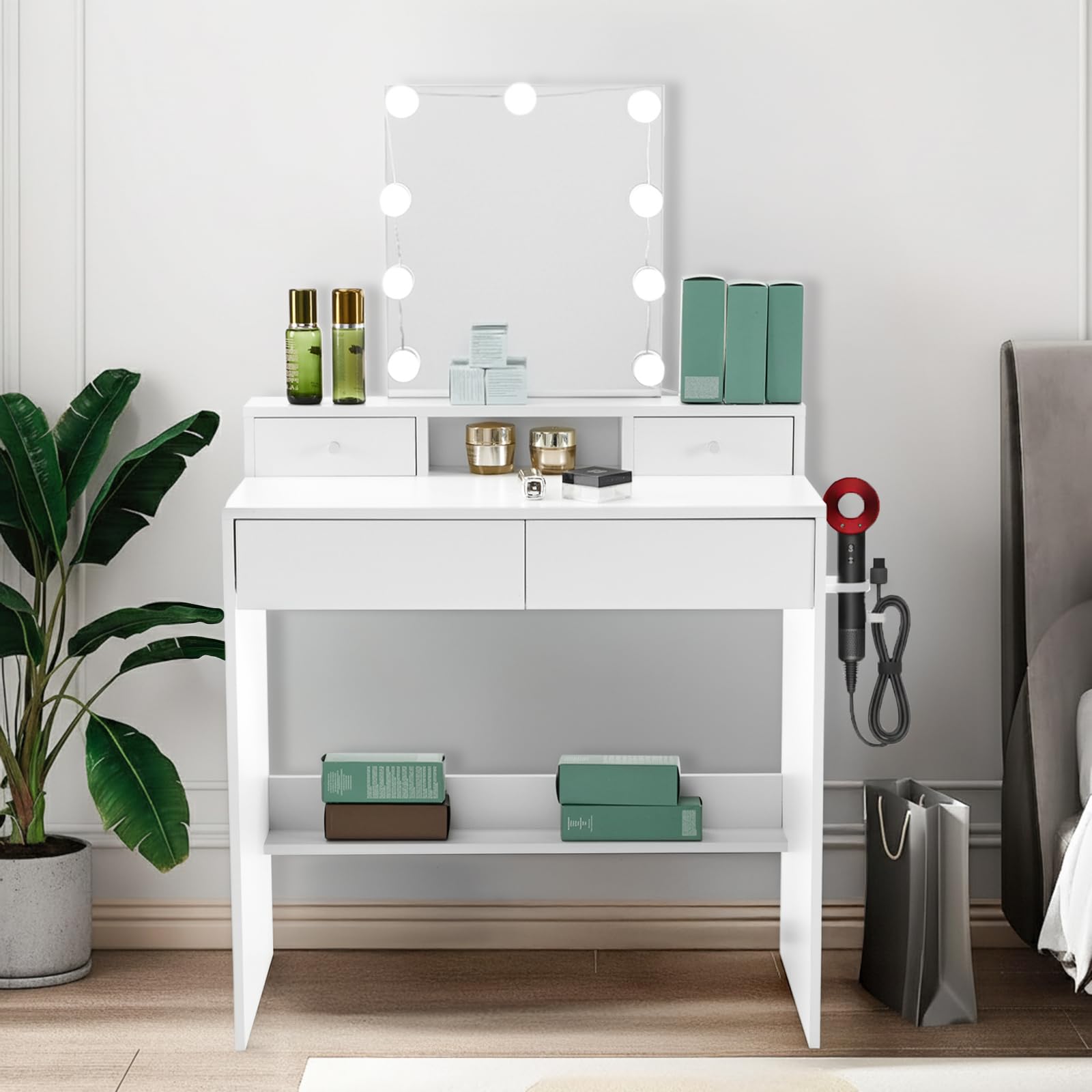 LEADZM Coiffeuse avec Miroir LED 3 Couleurs Réglables, 4 Tiroirs, 1 Porte-Sèche-Cheveux, 80x40x130 cm (Blanc)