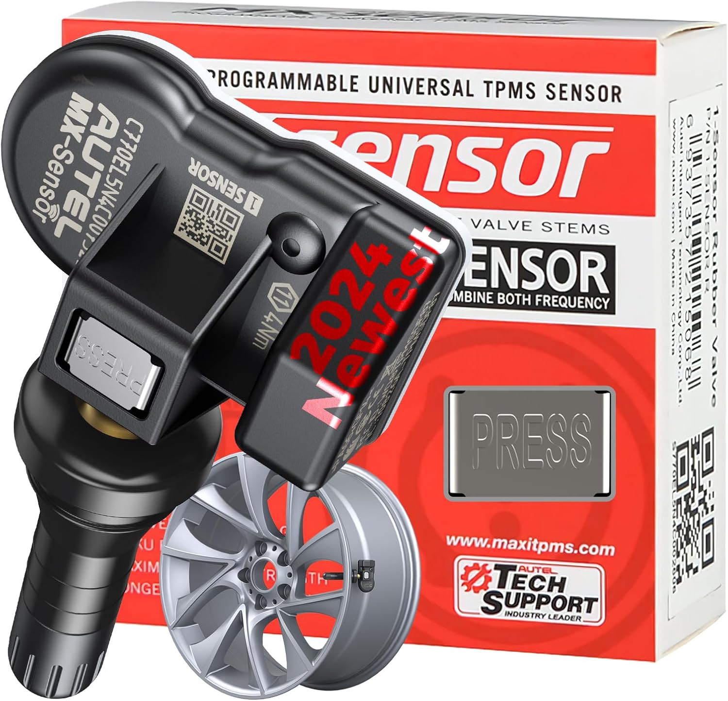 Autel TPMS Sensor MX-Sensor 2 in 1 (315MHz + 433MHz) Press-in 100% Cloneable TPMS Programmable Sensors Tire Pressure Monitoring System (Rubber Valves)