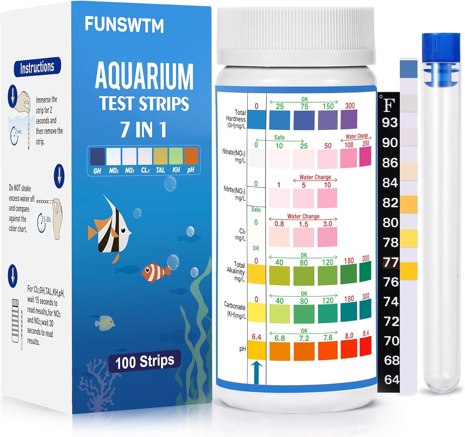 Aquarium Test Strips for Freshwater Fish: 7 in 1 Fish Tank Water Testing Kit for Aquarium Pond – Accurate Testing Nitrate Nitrite Hardness Free Chlorine pH Carbonate Total Alkalinity-100 Strips