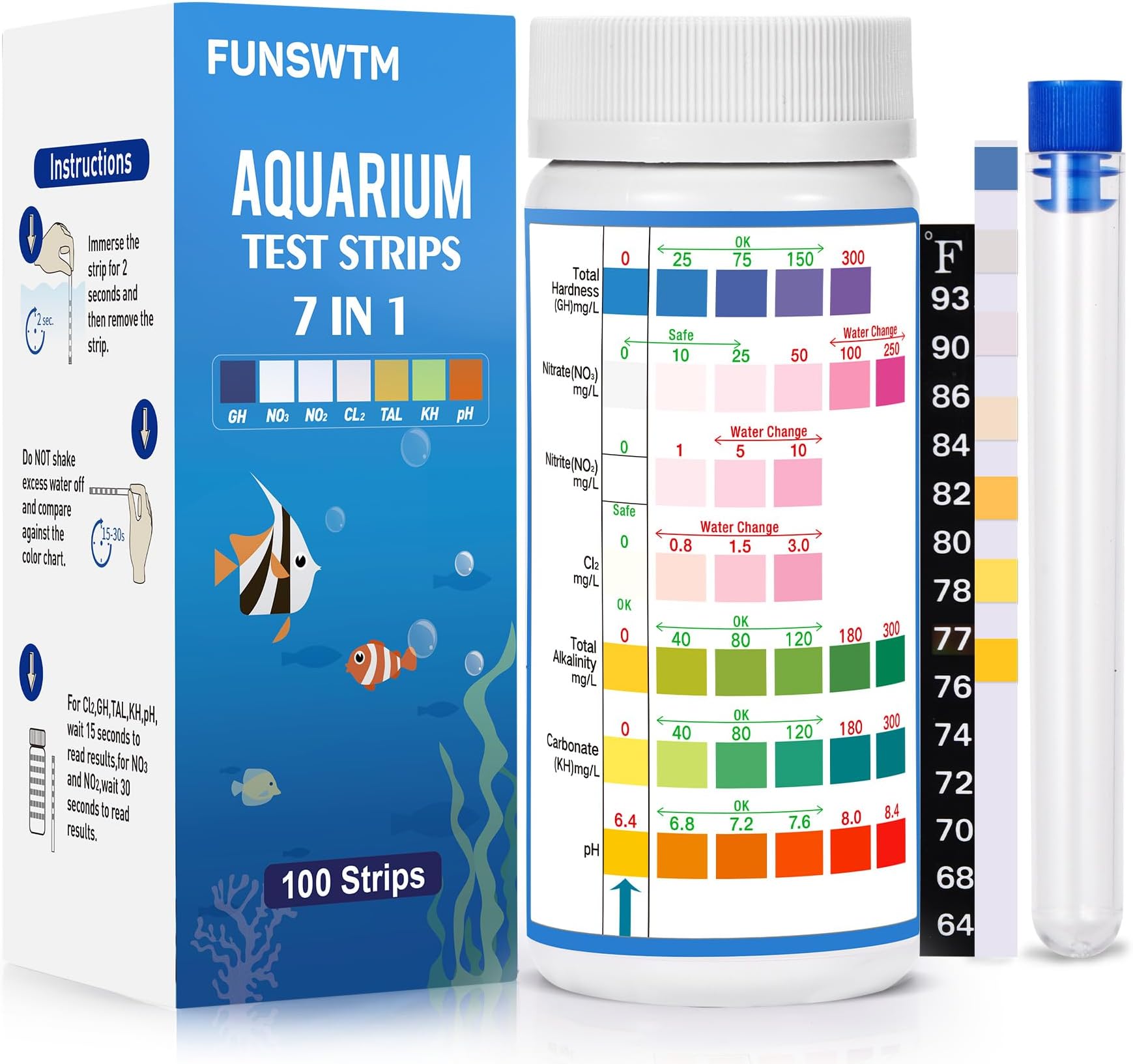 Aquarium Test Strips for Freshwater Fish: 7 in 1 Fish Tank Water Testing Kit for Aquarium Pond - Accurate Testing Nitrate Nitrite Hardness Free Chlorine pH Carbonate Total Alkalinity-100 Strips