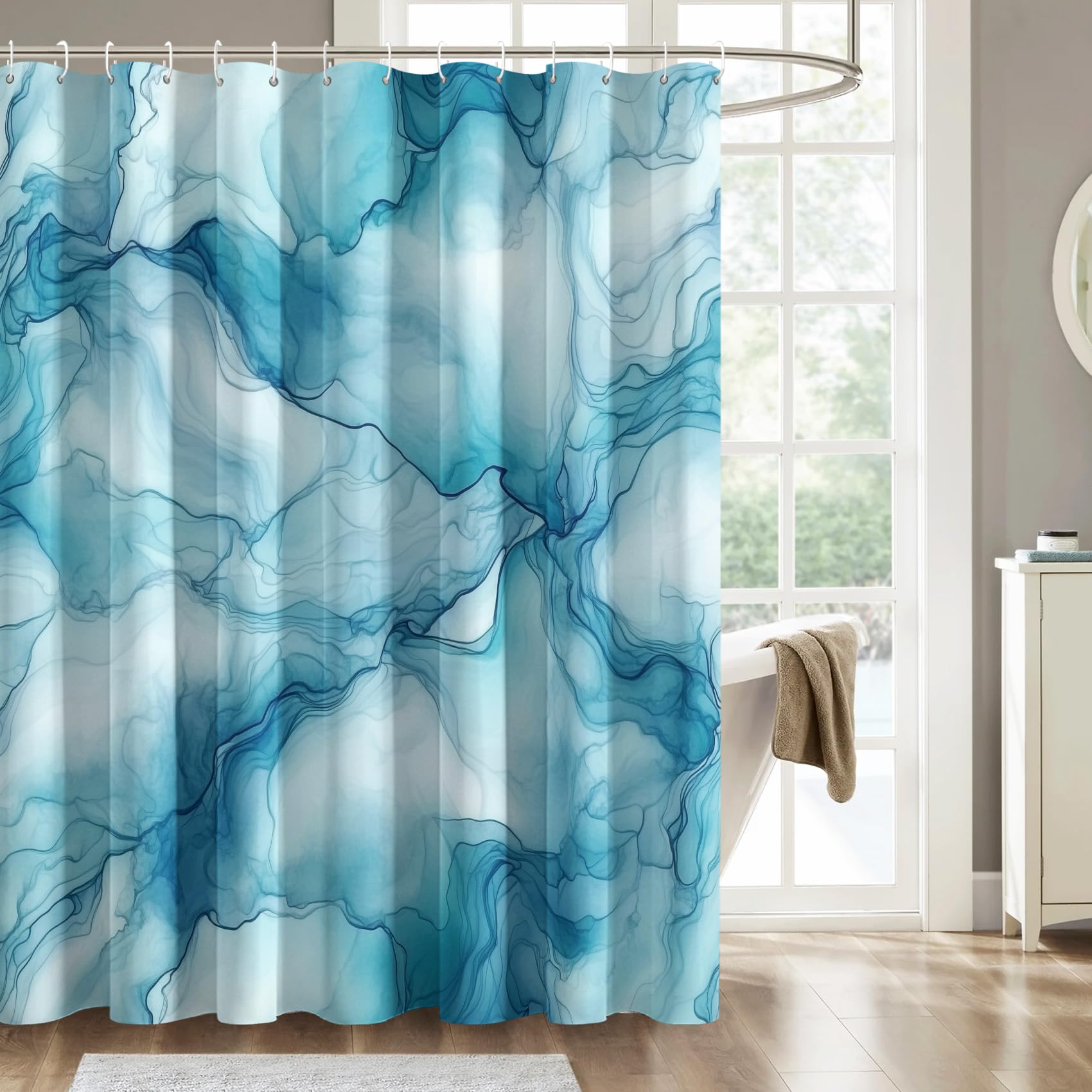 Nowoczesna abstrakcyjna zasłona prysznicowa z niebieskim marmurem, 183 x 213 cm, tkanina do dekoracji łazienki z 12 haczykami, akwarela artystyczny design do eleganckich akcesoriów łazienkowych