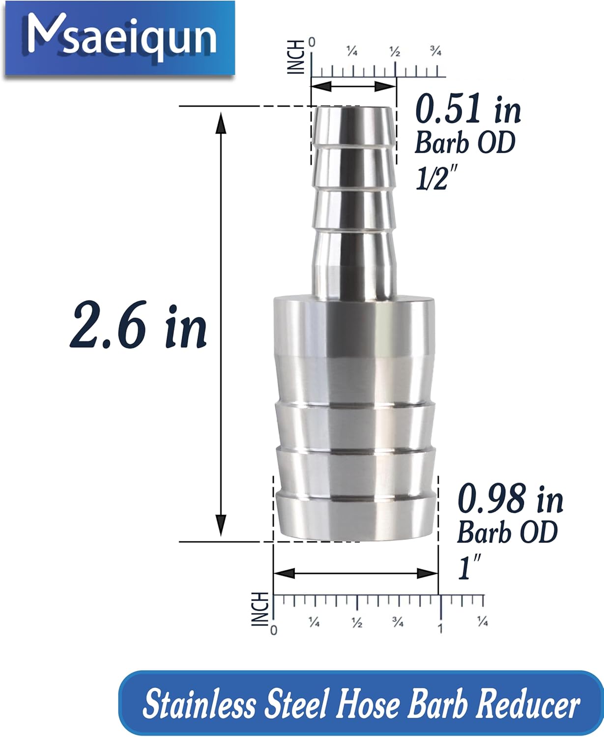 Stainless Steel Hose Barb Reducer 1" (25mm) to 1/2" (13mm) Reducing Barb Splicer Mender with Stainless Steel Pipe Clamps air Hose Repair kit for Pipe Line/Fuel/Air (Pack of 3)