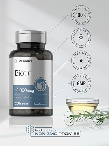 Miniatura 6 de Horbaach Biotin 10000 mcg  200 cápsulas blandas con vitamina B7  Suplemento de fórmula de belleza  Sin OMG y sin gluten