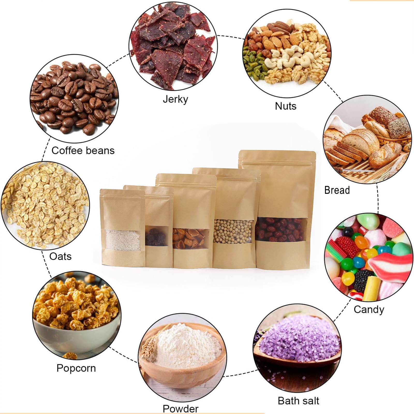 Sacchetti Carta Kraft Alimentare con Finestra e Chiusura 14x20cm Marrone 100 Pezzi