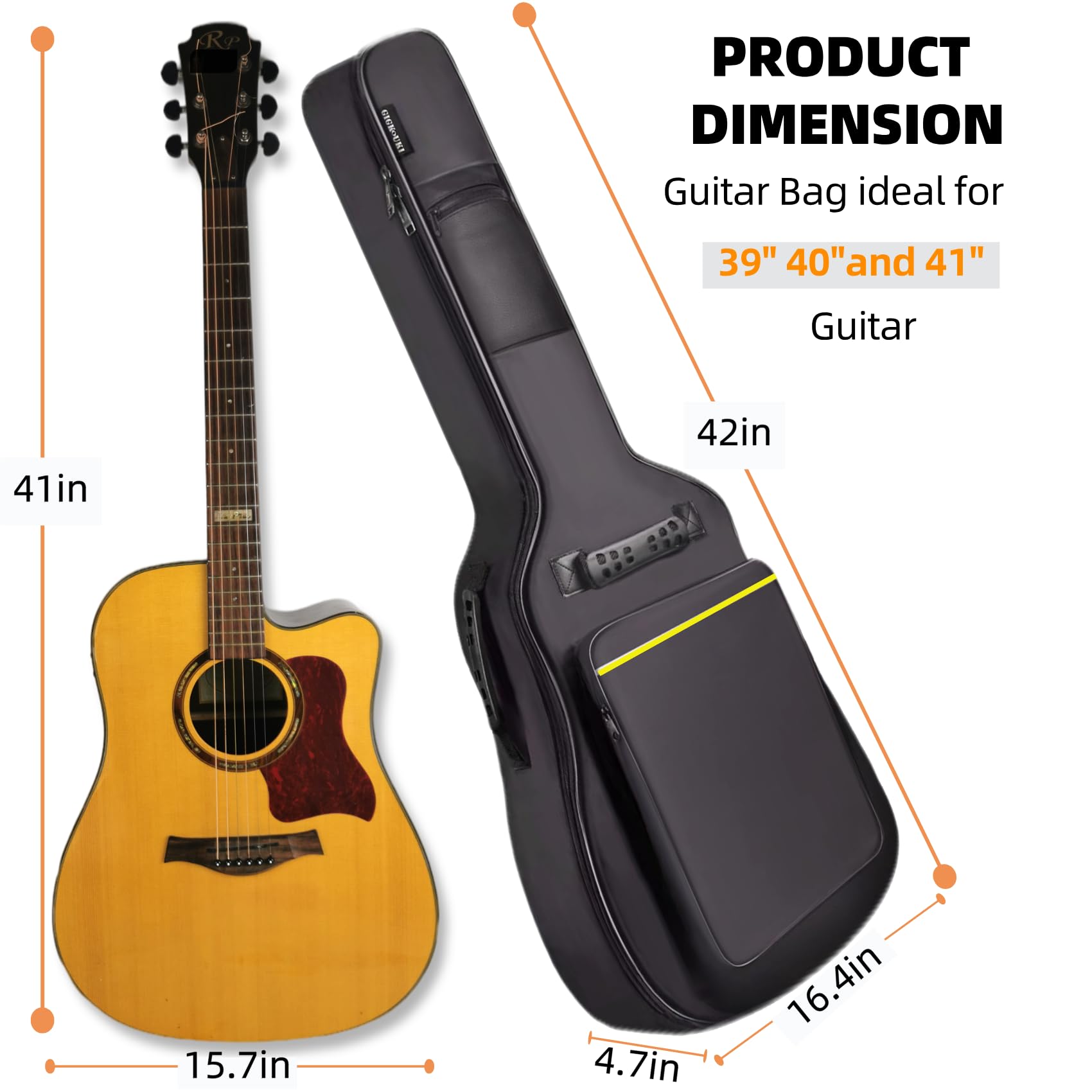 GIGKOUKI Tasche für Akustikgitarre, 0,9 cm dicke Polsterung, für 99 - 101,6 - 104,4 cm (39 - 40 - 41 Zoll) Akustikgitarre - klassische Gitarre, wasserabweisend, doppelt verstellbarer Schultergurt