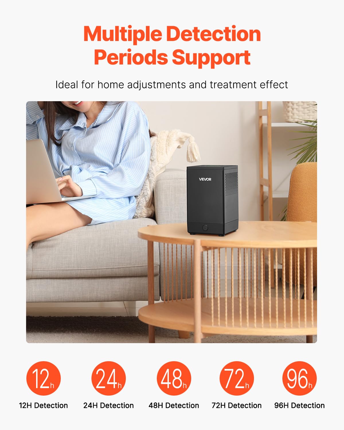 VEVOR Détecteur de Radon Domestique, 0,054-540 pCi/L, Écran LCD Couleur Affichage Temps Réel, Surveillance à Court et Long Terme, Prise en Charge de Plusieurs Périodes Détection, Alimenté par Batterie