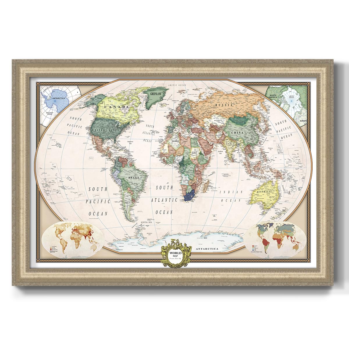 Renditions Gallery Colorful World Map Canvas Wall Art with Vintage Silver Frame Wall Hanging Travel Map with Push Pins for Home, Office, Classroom
