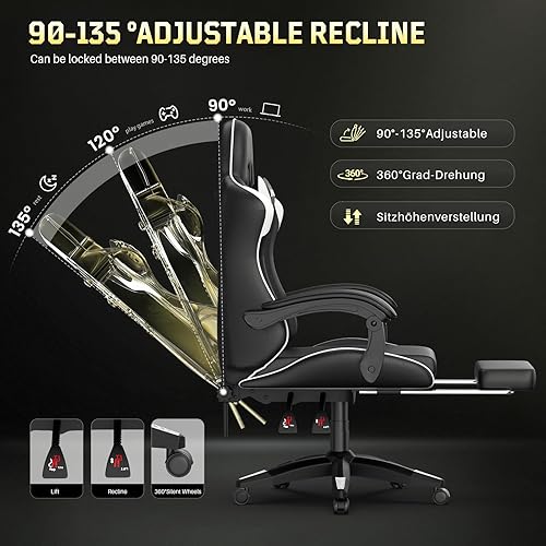 Miniatura 7 de Bigzzia Silla para videojuegos, silla de jugador con reposapiés y soporte lumbar de masaje, silla de videojuegos de altura ajustable con asiento
