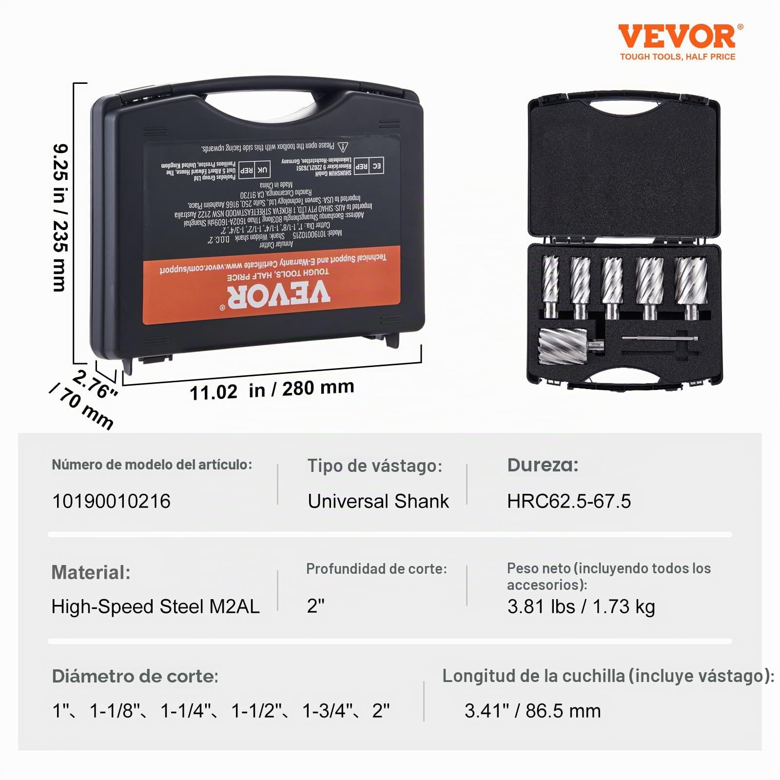 VEVOR Juego de Brocas de Núcleo 6 Piezas Cortador Anular Accesorios Universales Diámetro 25-50,8 mm Profundidad de Perforación 2"/50,8 mm HSS Accesorios de Taladro Magnético de Acero Alta Velocidad