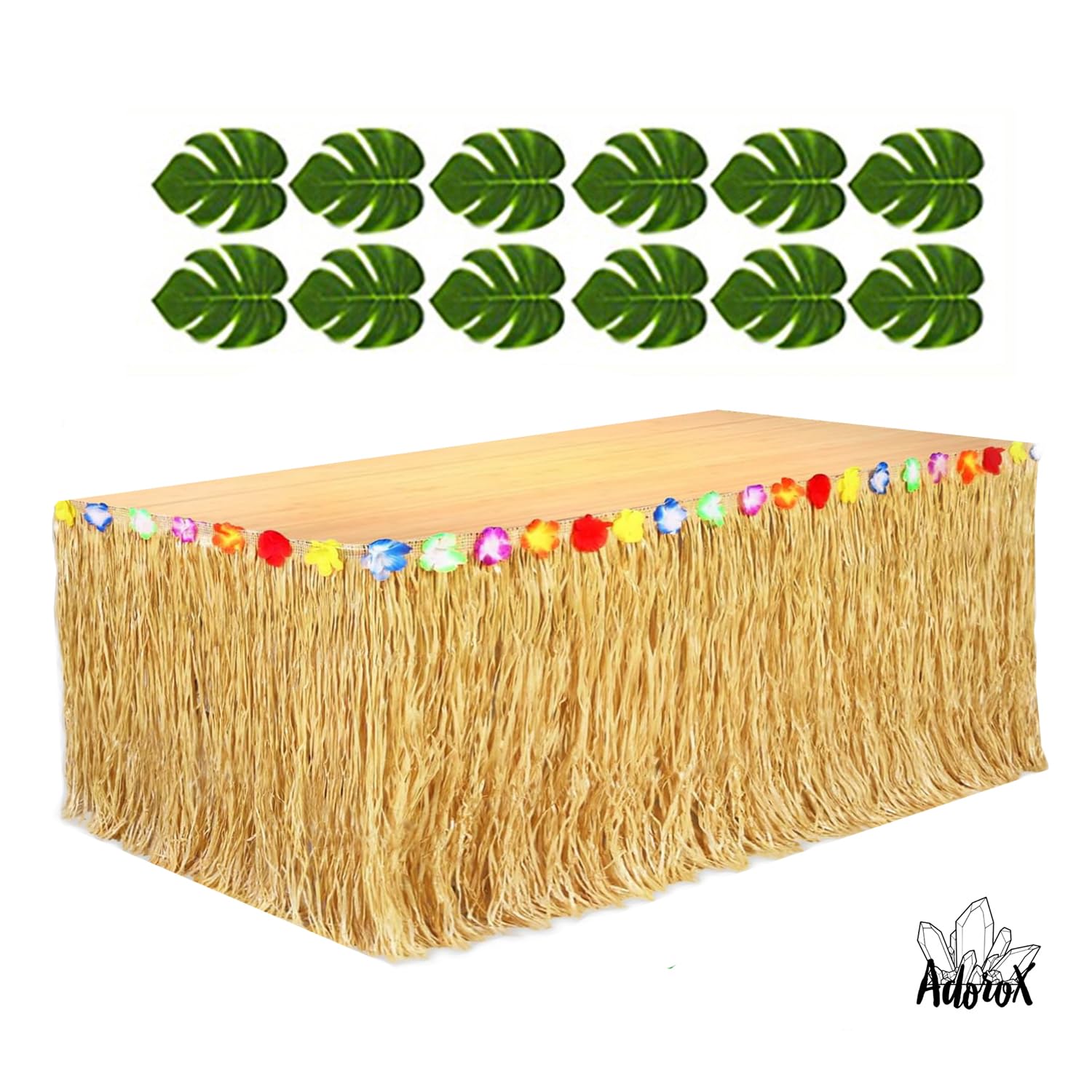 Adorox 12 pc Tropical Green Leaves included 1Pack Hawaiian Luau Hibiscus Brown Table Skirt (9 ft)