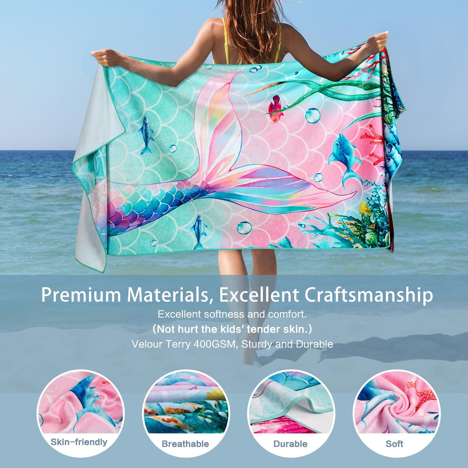 Vimorco Mermaid Beach Towel, XXL Extended Large Beach Ocean Fish Coral Beach Towel, Camping Towel for Women Girls Kids, Absorbent Pool,Bath,Swim,Yoga,Gym,Travel Vacation Towel, 72 x 32 inch