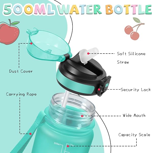 Borraccia Bambini, Borraccia 500 ml, Borraccie con Cannuccia, Senza Perdite, Borraccie Motivazionale, Bocca Larga, Con Slogan Motivazionale, Borracce per Scuole, Campeggio, Corsa, Lavoro - 3
