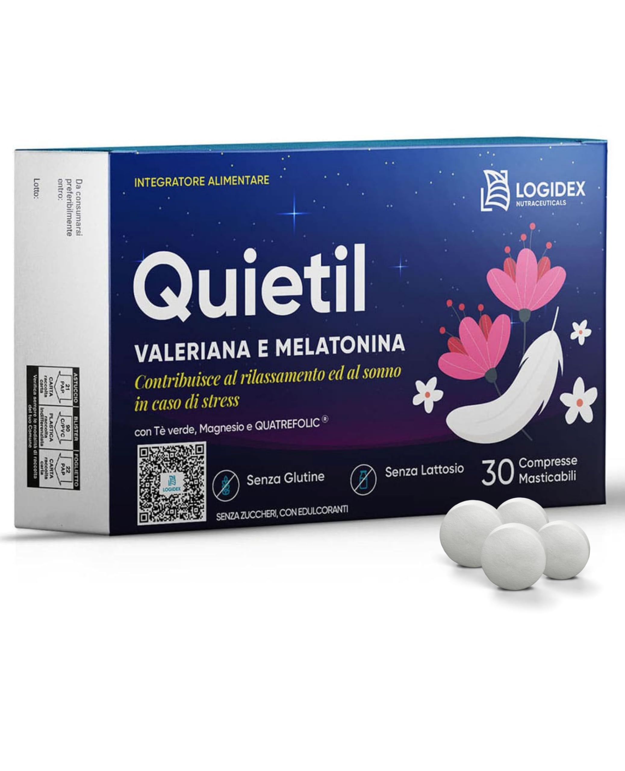 Quietil – Integratore Melatonina e Valeriana per Dormire – Formula Naturale Anti Stress – Pastiglie Orosolubili per Sonno Veloce e Profondo, 30 Compresse - Logidex