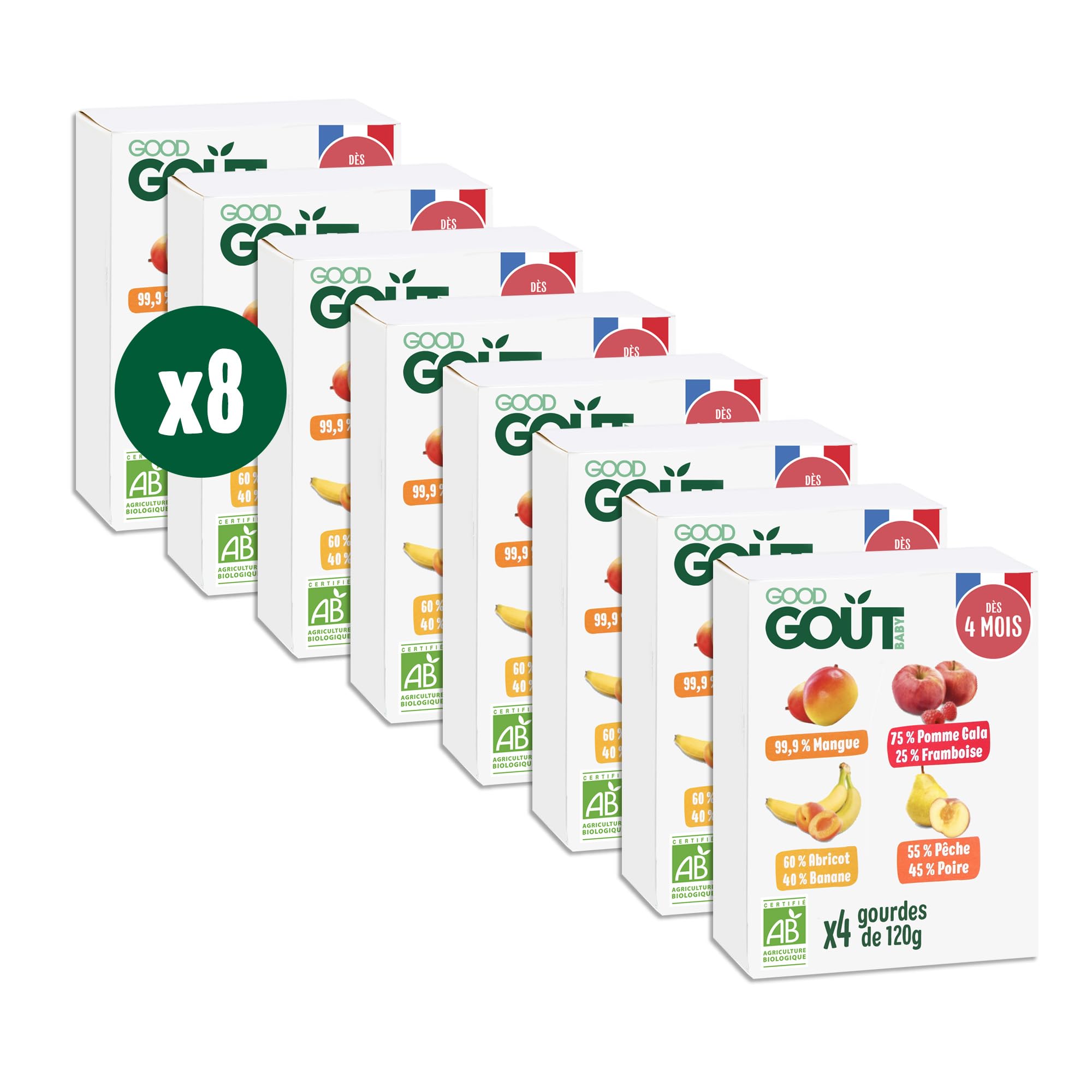 GOOD GOÛT - Gourdes Variety Fruits - 4 Compotes Bébé - Dès 4 Mois - Sans Sucres Ajoutés - Fabriqué En France - 4x120g - Lot de 8