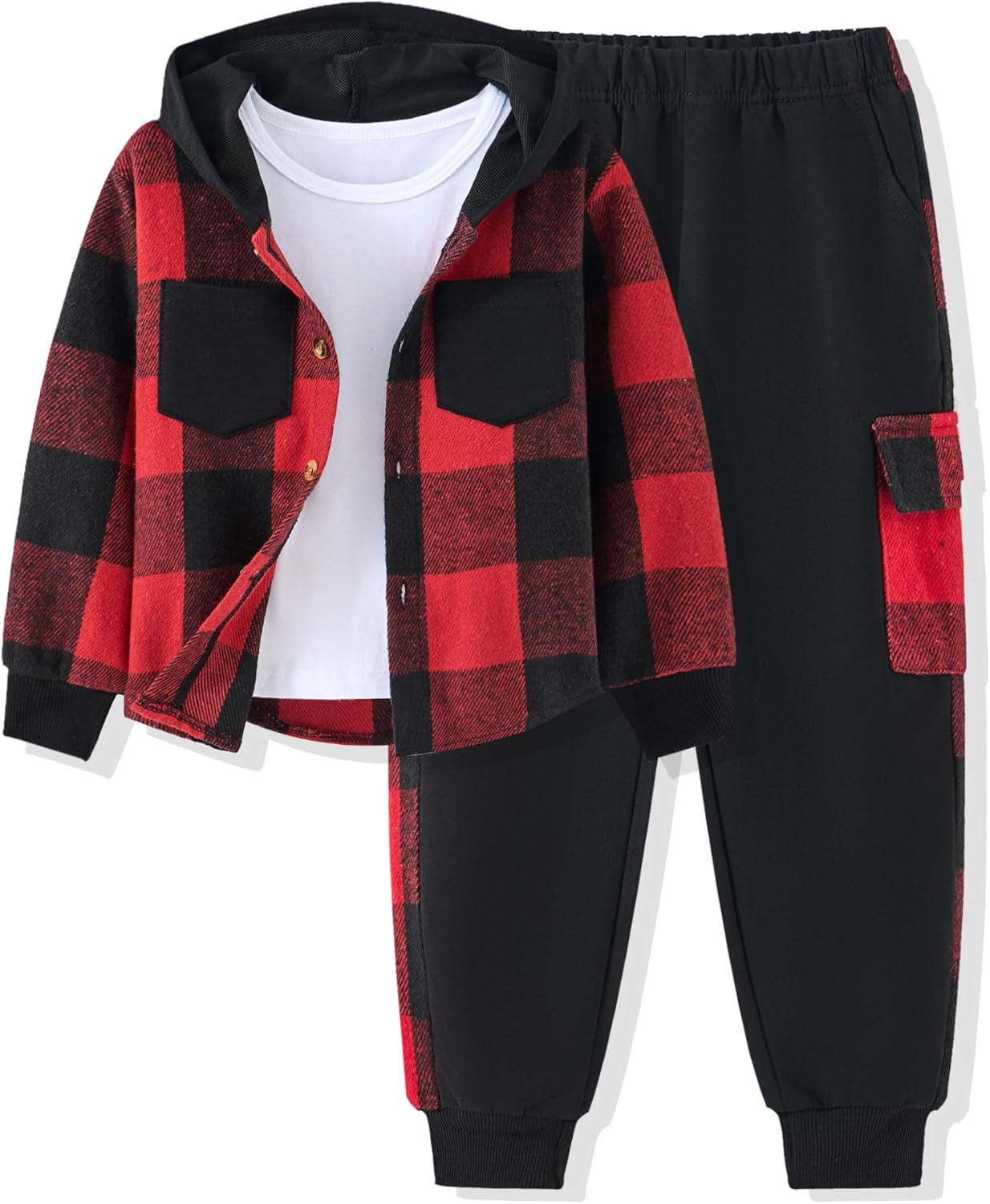 Boy Clothes Flannel Plaid Shirt Tops Pants Set Hoodie Sweatsuit+White T-shirt 3Pcs for Fall Winter Spring Outfits