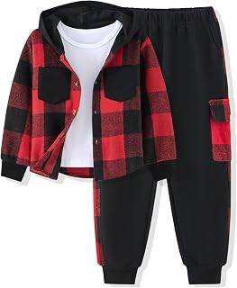 Boys 3 Piece Outfit Set,Flannel plaid shirt hoodie+ Plaid Patch Cargo Jogger Pants Toddler Little Clothes 2-10Y