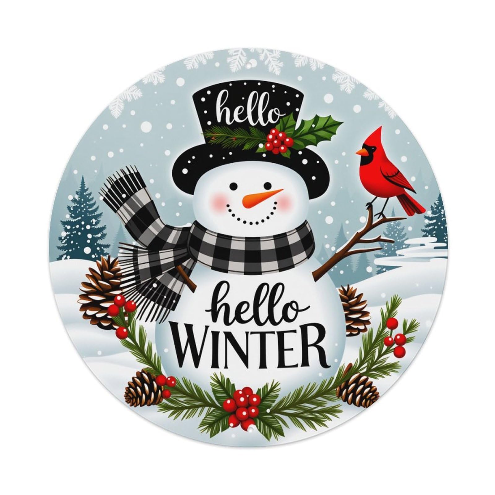 Snowman Winter Cardinal Pinecones Holly Berries Scarf Hat Round Vintage Tin Sign,Retro Wall Art,Metal Poster for Home, Bar, Garage, Cafe, Rustic Indoor & Outdoor Decor, 8x8 Inches