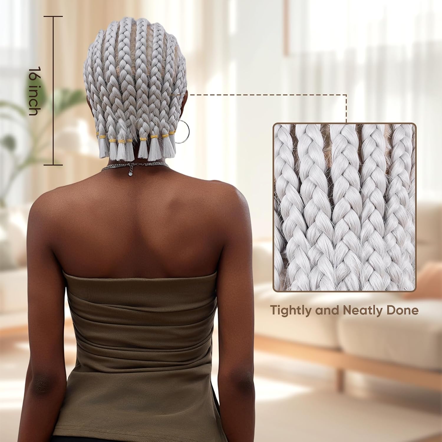 16in Glueless Curly Braided Wigs for Black Women, Short Pre Looped Passion Twist Human Hair Crochet Braids Full Lace Front Synthetic Cornrow Wig (Silvery)(Silvery)