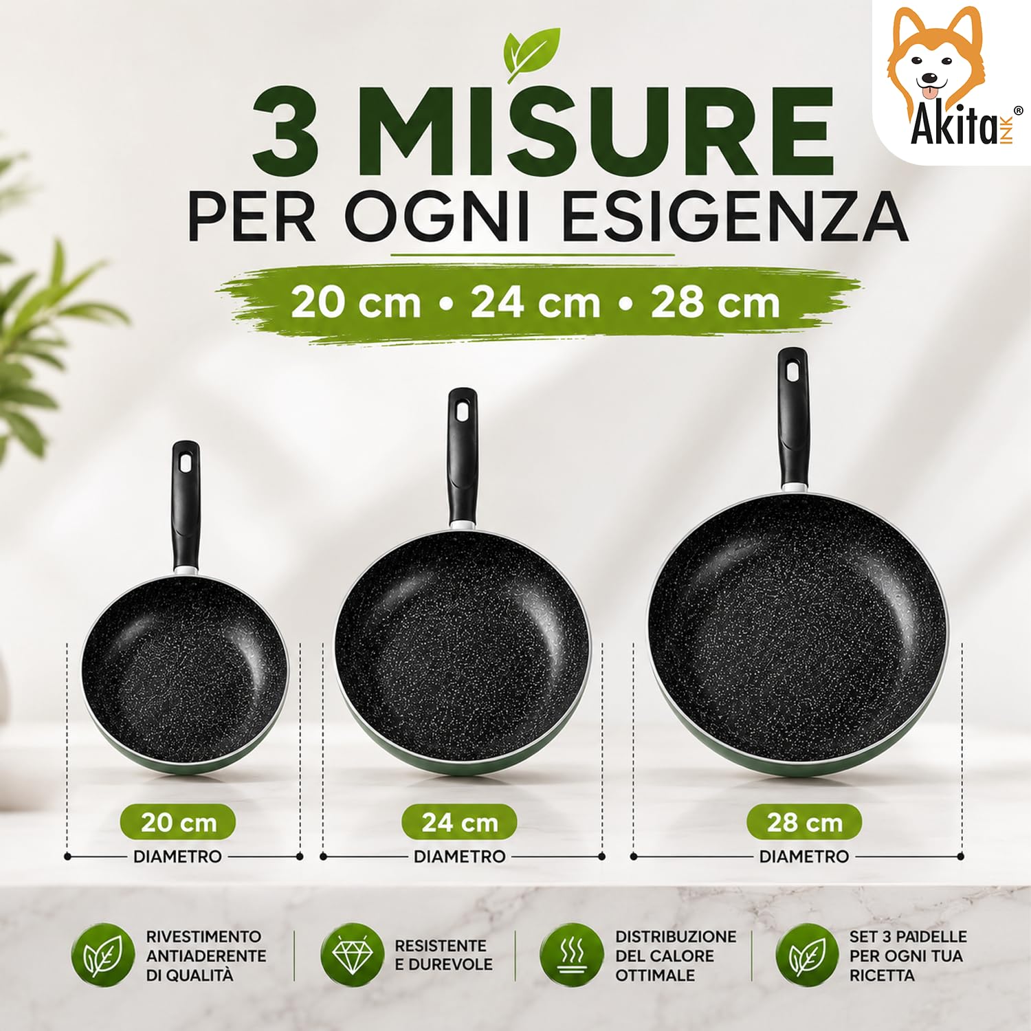 Akitaink Set 3 Padelle Antiaderenti Natura 20, 24 e 28 cm, Batterie di Padelle per Cucina Quotidiana, Resistenti e Pratiche
