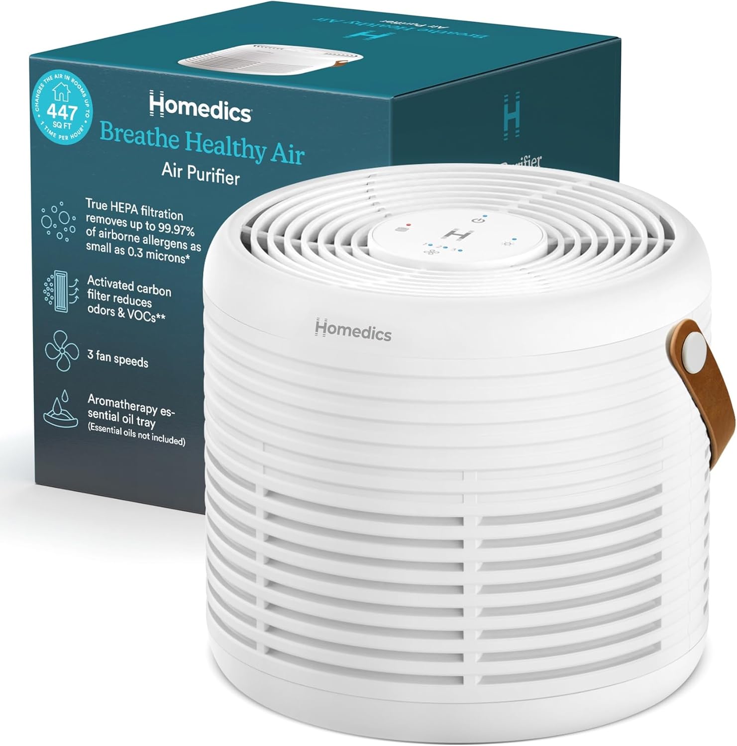 Homedics Air Purifier True HEPA Фильтр для средних комнат до 447 кв. футов Удаляет 99,97% аллергенов, запахи и ЛОС, ароматерапия, 3 скорости вентилятора, для спален, гостиных и офисов, тихий режим работы