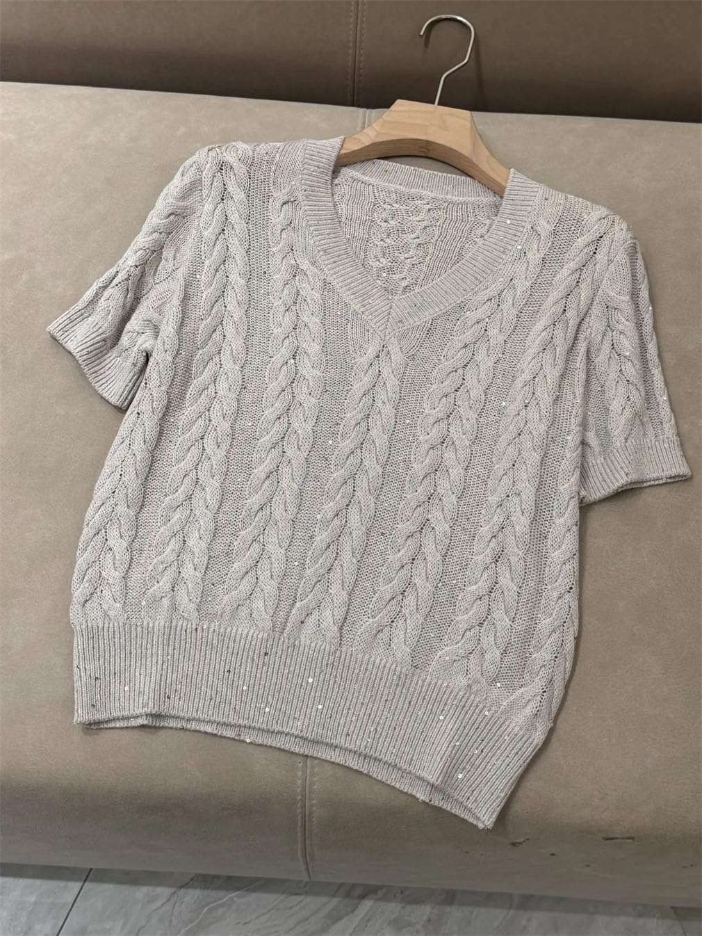 Maglione da donna lavorato a maglia con paillettes top scollo a V a maniche corte