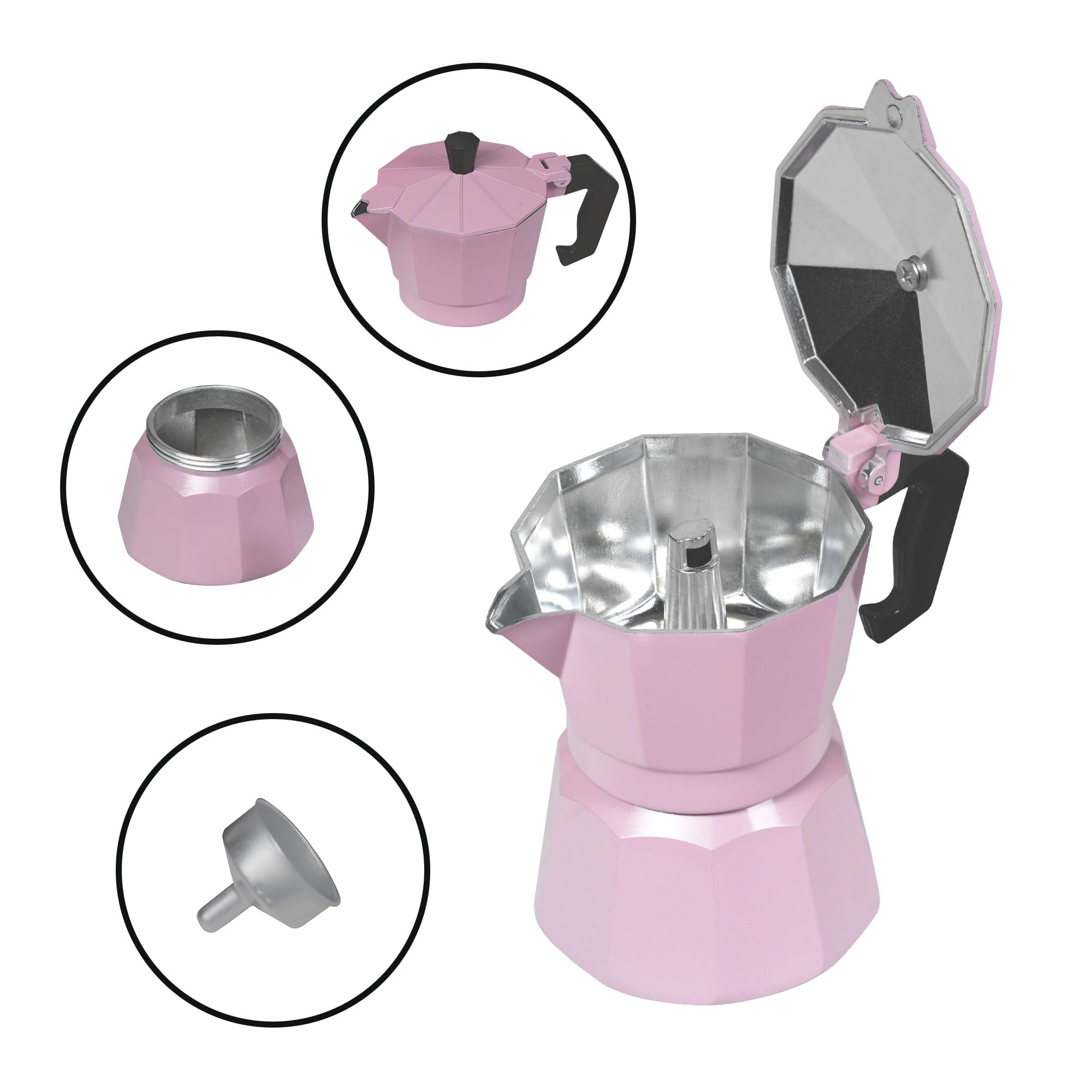 STONELINE Cafetera Italiana Inducción 4 Tazas 170 ml, Cafetera Espresso Moka de Aluminio Fundido, para Todo Tipo de Cocinas incluida Inducción, Juego Café Exprés con Vasos y Espumador, Rosa
