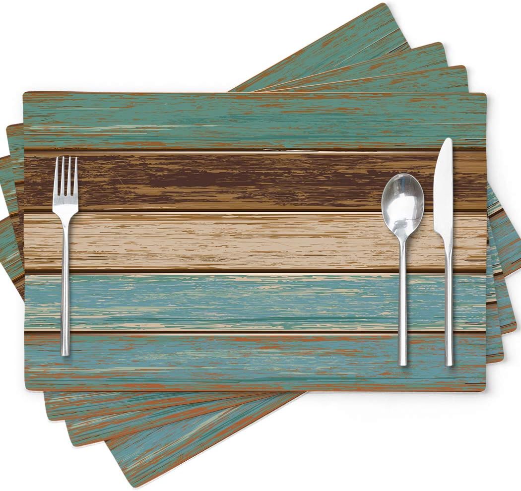 GALMAXS7 Teal Placemats Farmhous Placemats Modern Abstract Art Retro Rustic Wood Texture Heat Resistant Placemats for Dining Table 18 x 12 Inch Place Mats Set of 4 Washable Cloth Placemats