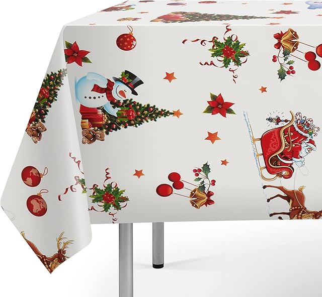 Jolee Fabrics PVC Plastic Wipe Clean Waterproof Christmas Table Cloth - Round, Square, Rectangular - Small To Large(White Snowmen and Santa, 140cmx200cm Rectangle)