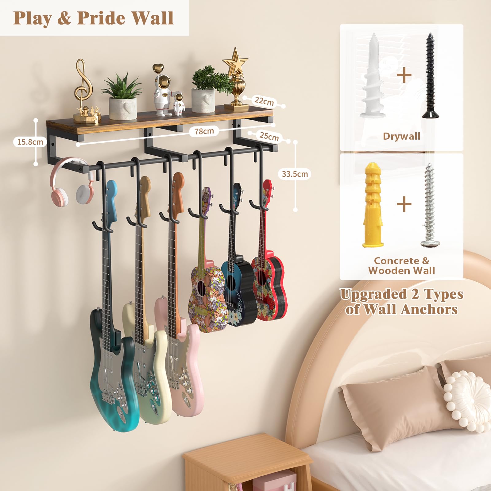 Porta Chitarra da Muro, 6 Supporto Chitarra Muro, Reggi Chitarra con un Grande Scaffale, Appendi Chitarra per Chitarra Acustica, Basso, Chitarra Elettrica, Ukulele Double-Sided