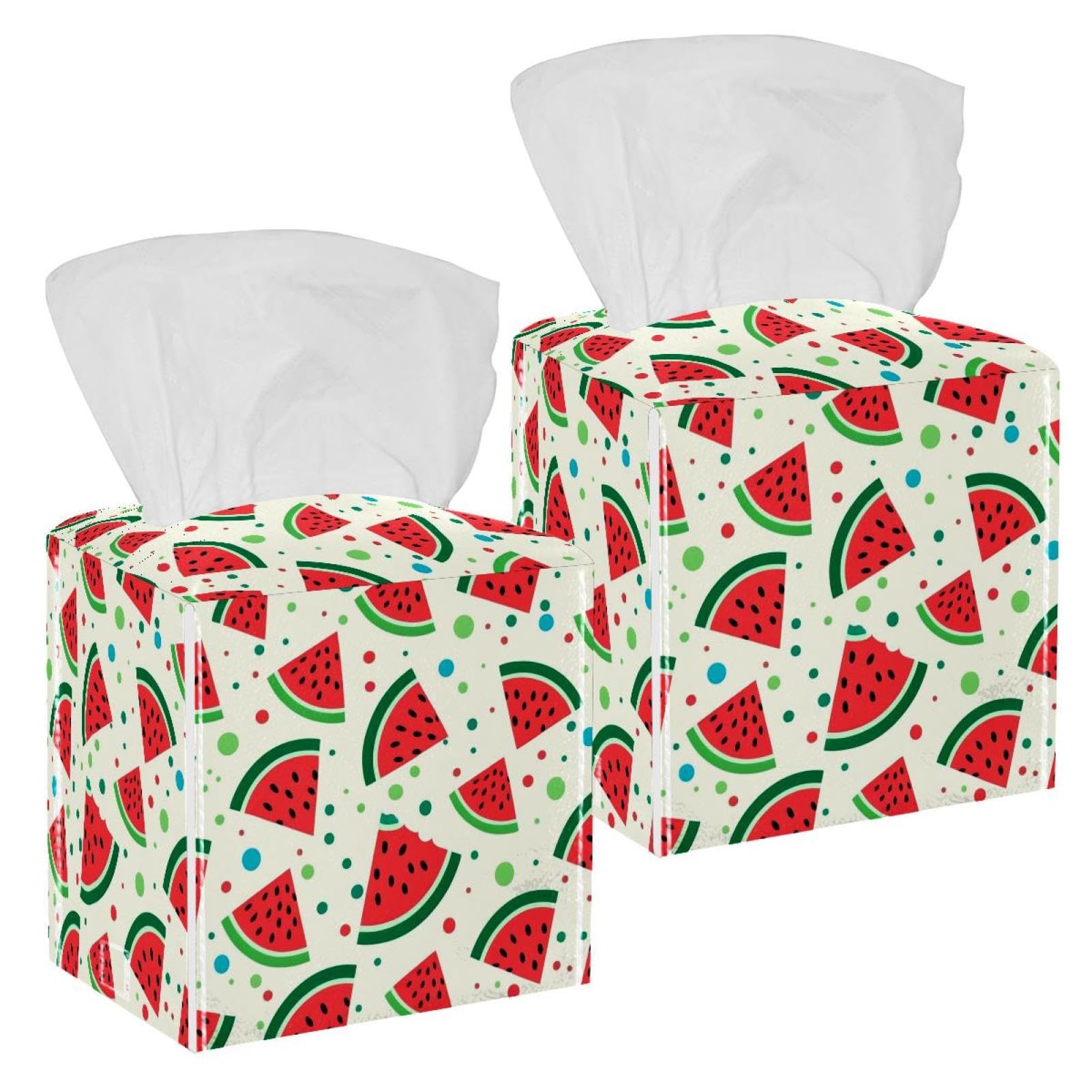 Watermelon Tissue Box Cover, 2 Pack PU Leather Square Facial Tissue Dispenser Box holder for Home Office Car