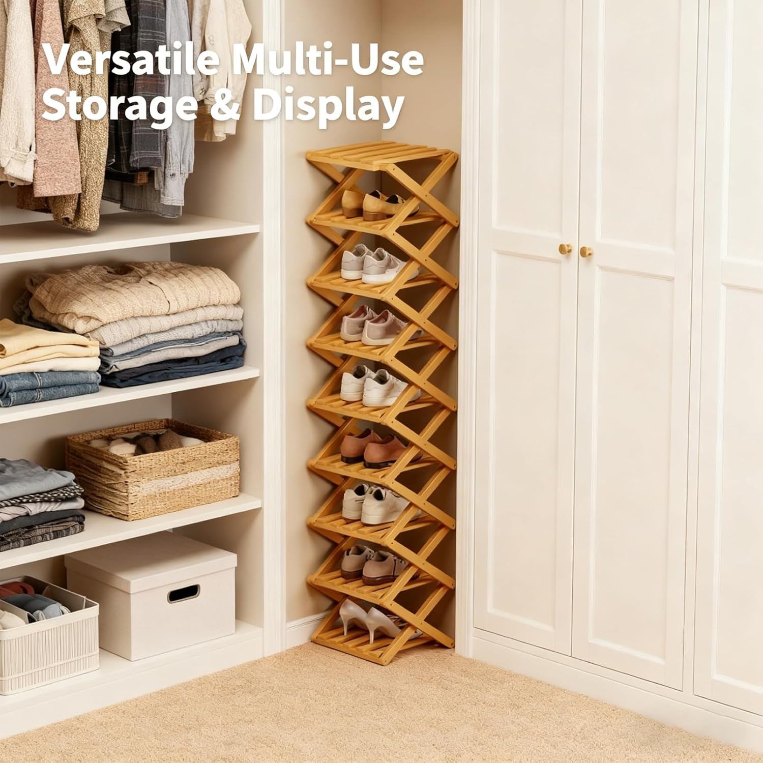 The 9-Tier No-Assembly Bamboo Rack, 2026 Upgraded Foldable Bamboo Shoe Rack, Space-Saving Organizer for Shoes, No Assembly Narrow Shoe Shelf for Entryway Closet Dorm (Brown,9-Tier)