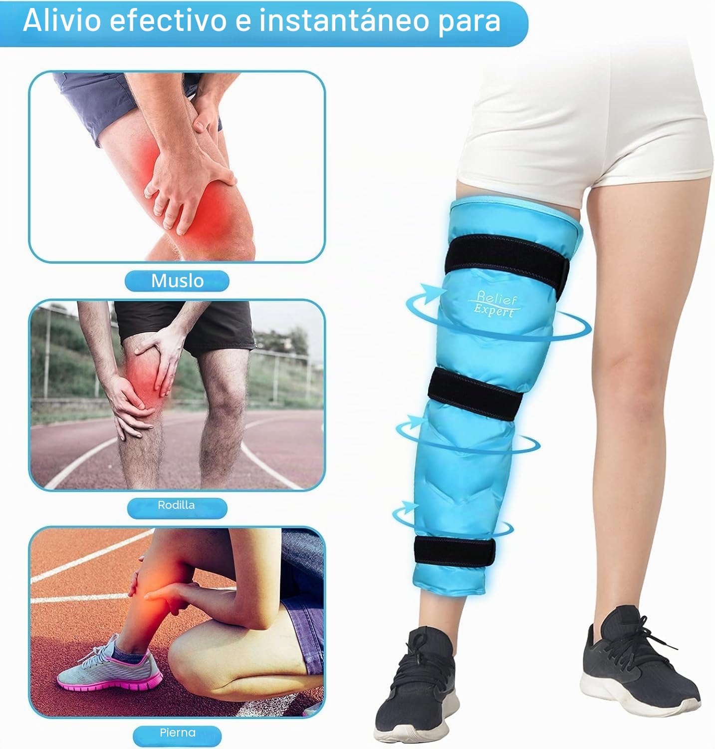 Relief Expert Bolsa de hielo grande para piernas, bolsa fría de gel reutilizable para piernas, rodillas, muslos y caderas con 3 correas ajustables, envoltura de compresión fría para recuperación