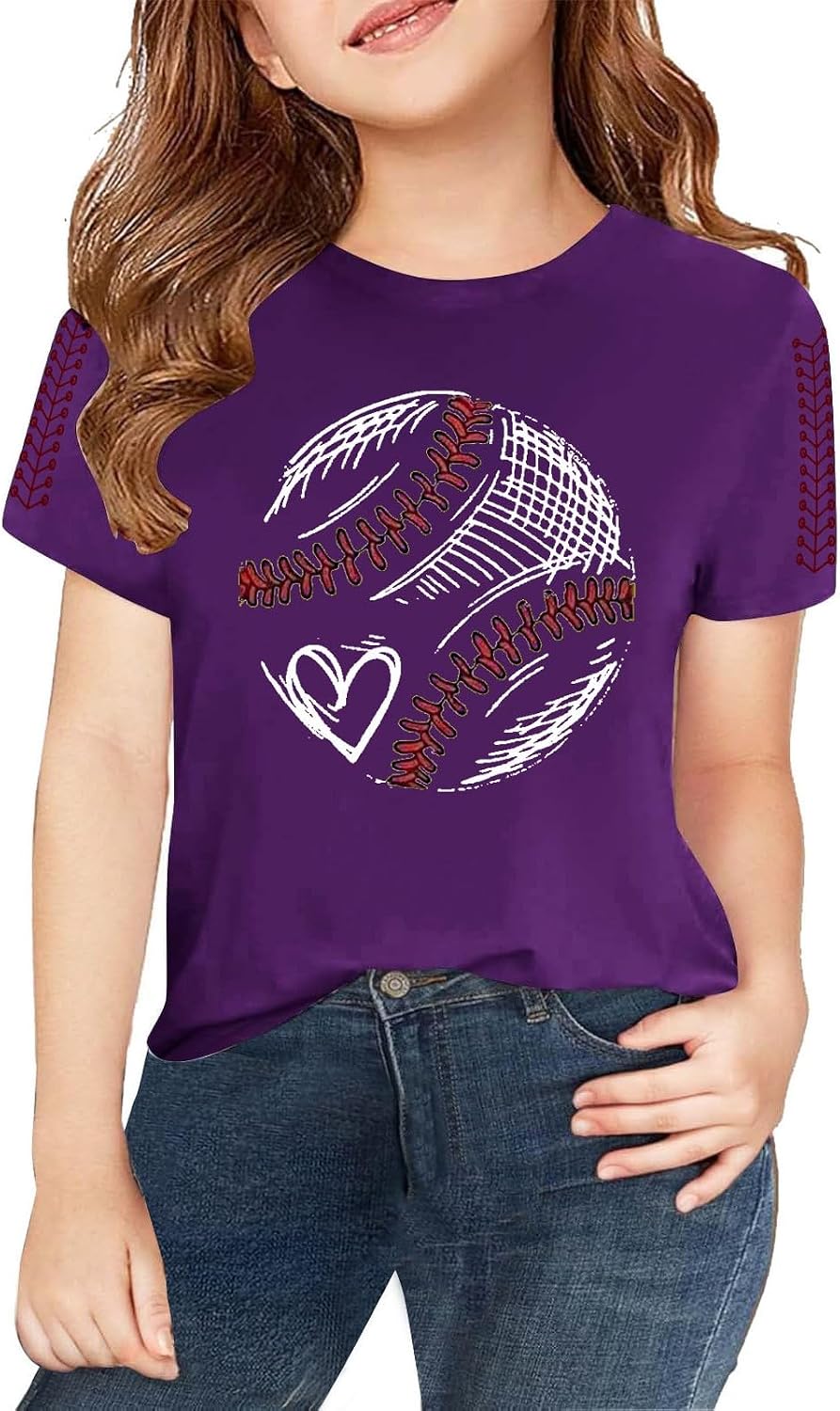 Kids Girls Baseball Graphic T Shirt Summer Crewneck Short Sleeve Tops Tee for Teen Cute Athletic Casual Shirts