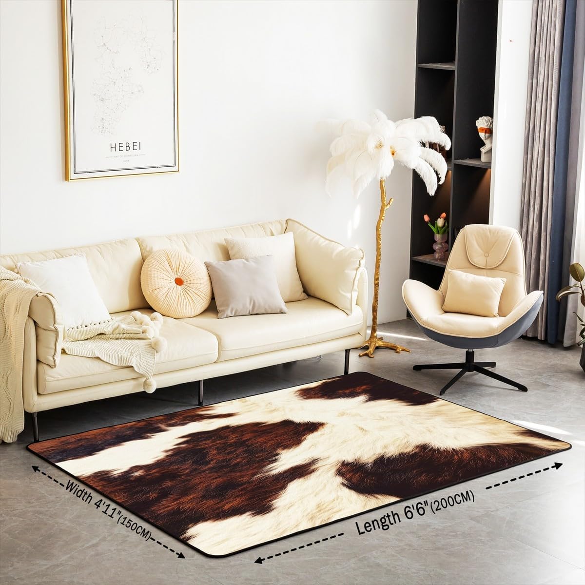 (Not Real) Cow Print Living Room Rugs 5x7, Brown Beige White Western Cowhide Hair Non Slip Area Rug, Farm Animal Fur Carpet for Kids Teens Men Women, Aztec Rustic Cow Hide Area Runner Rug Home Decor
