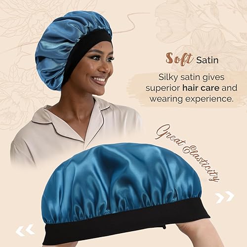 Vista 22 de Hat Hut Gorro de satén de seda para dormir para mujer, gorro de pelo para cabello rizado, banda ancha ajustable, doble capa Azul ceniza
