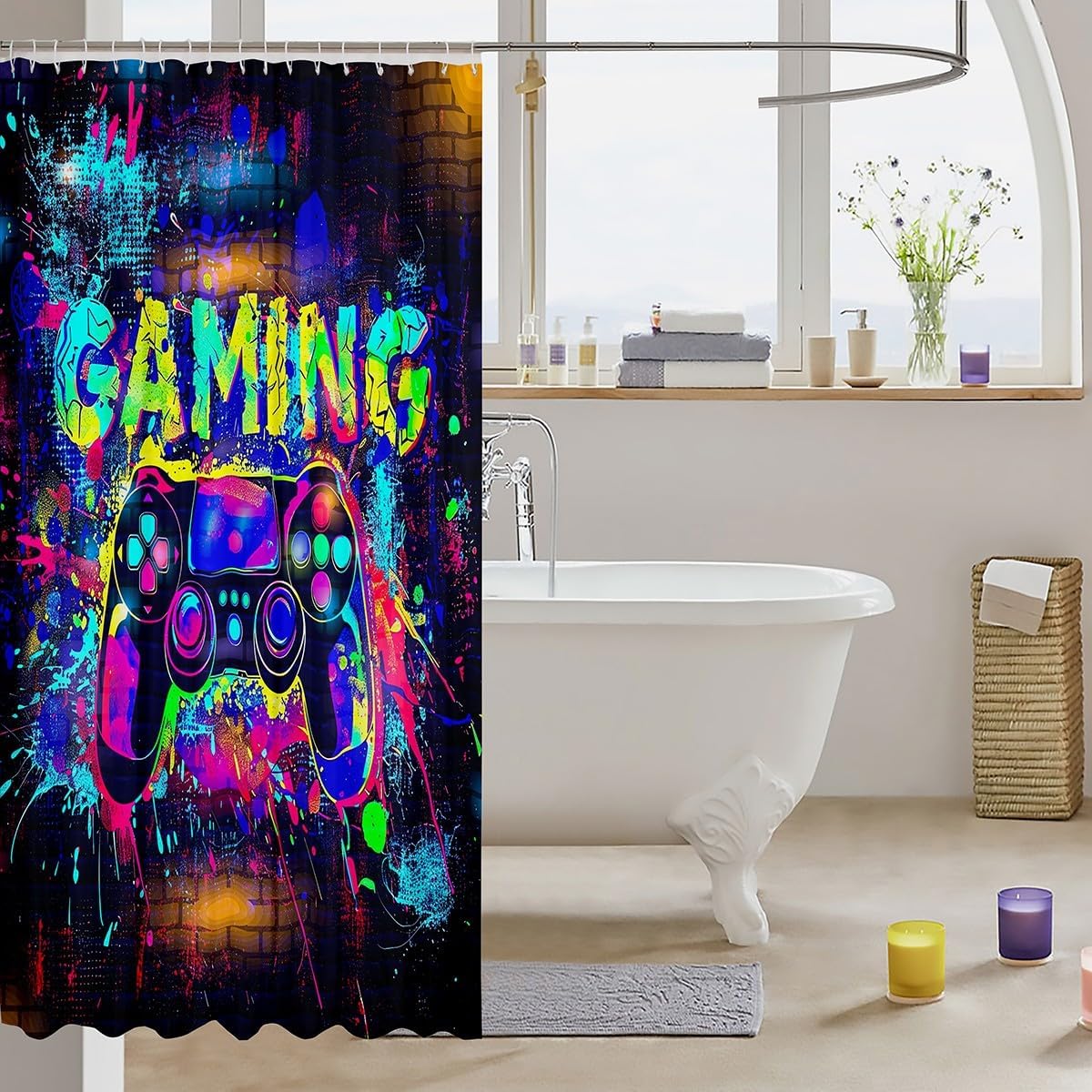 jejeloiu Game Console Shower Curtains Gaming Bathroom Curtain for Kids Women Men Teen Boy Room Decor Bathroom Colorful Modern Buttons Video Waterproof Controller Pattern Design with 12 Hooks 72"x72" image 3