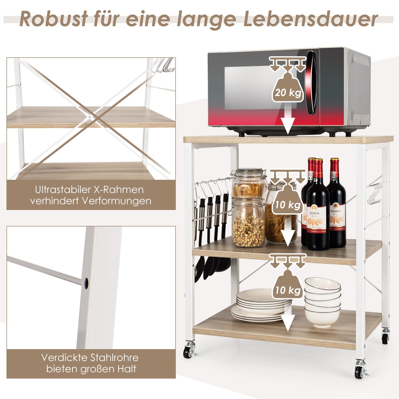 COSTWAY 3 Ebenen Servierwagen, Rollwagen mit Verstellbarer Ablage & 10 abnehmbaren Haken, Küchenwagen mit Rollen, Küchenrollwagen für Küche, Esszimmer, Bar und Restaurant, 60 x 40 x 73cm (Natur)